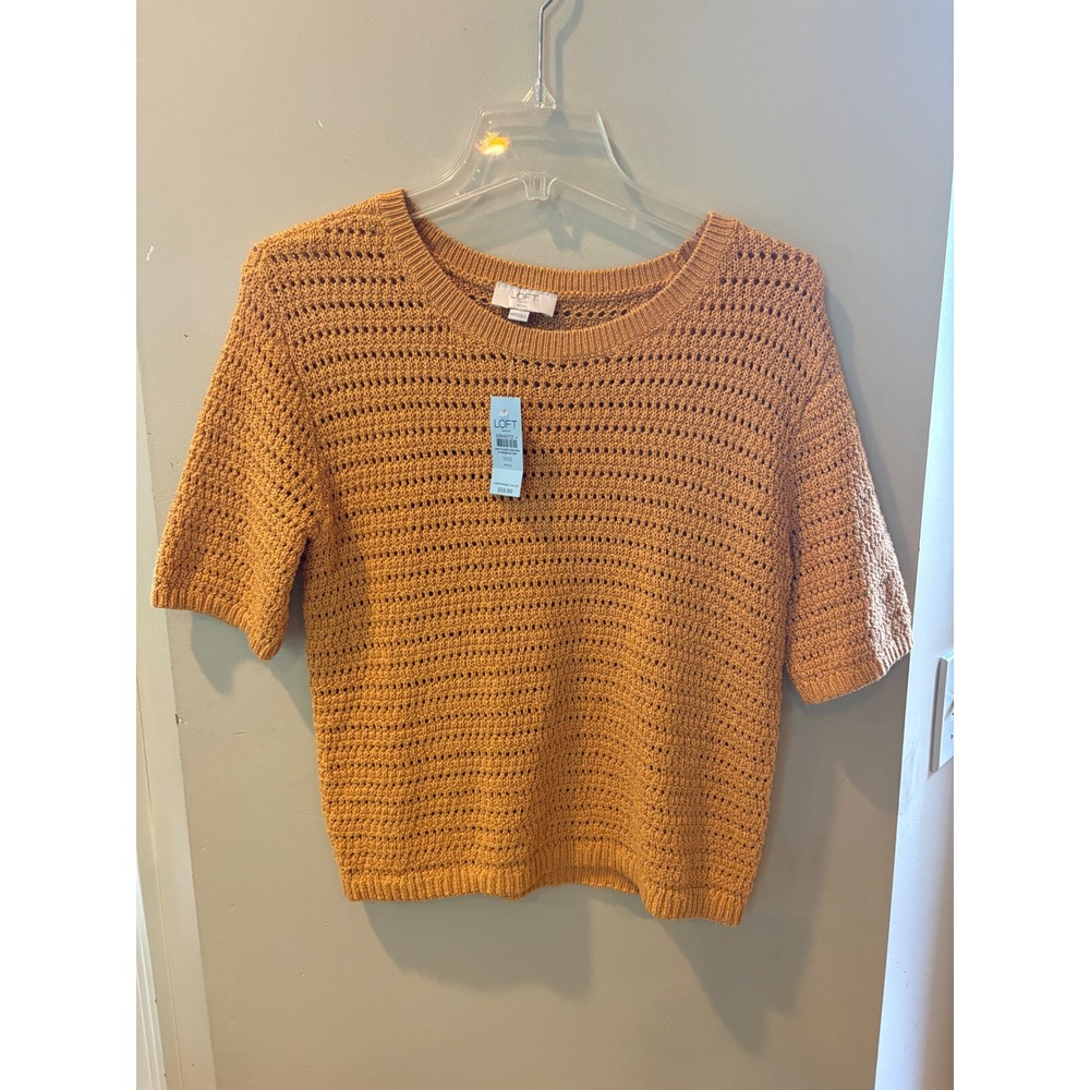 Loft Womens Mustard Yellow Pointelle Open Knit Short Sleeve Sweater large New